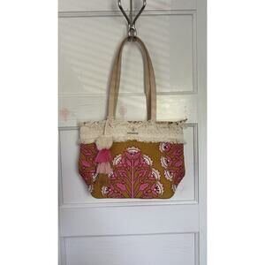 Spartina 449 Freeport Tote Pepper Hall Woodblock Floral Fall Tassel Pink